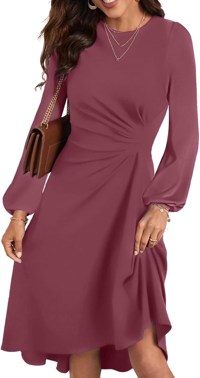 Happy Sailed Women's Long Sleeve Ruched Waist Midi Dress