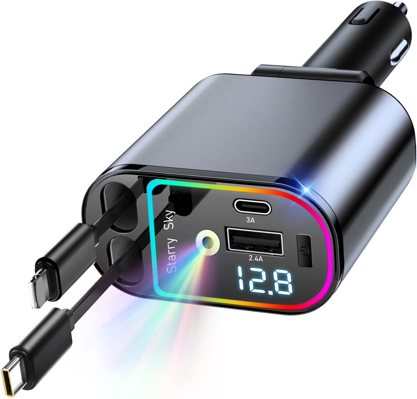 Starlight Retractable Fast Car Charger - Max 120W Power, 4-in-1 Design, Dual USB Ports!