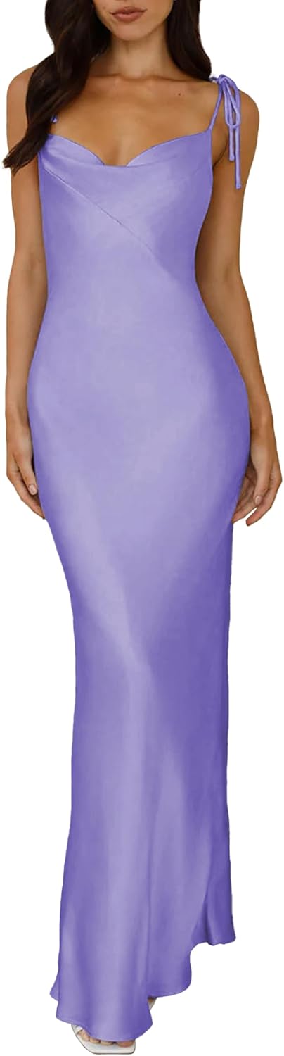 2025 Satin Cowl Neck Spaghetti Strap Slip Maxi Dress for Women
