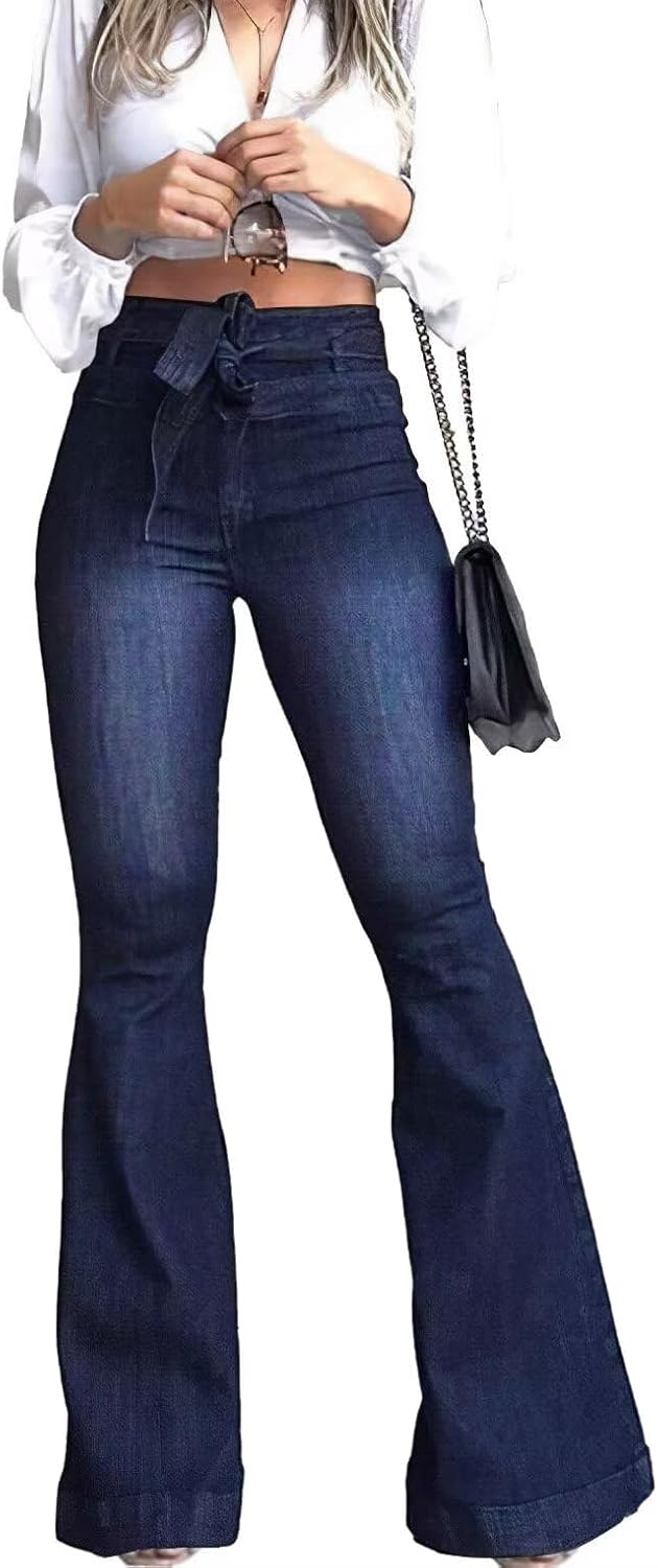 KDF High Waisted Flare Jeans for Women with Removable Belt