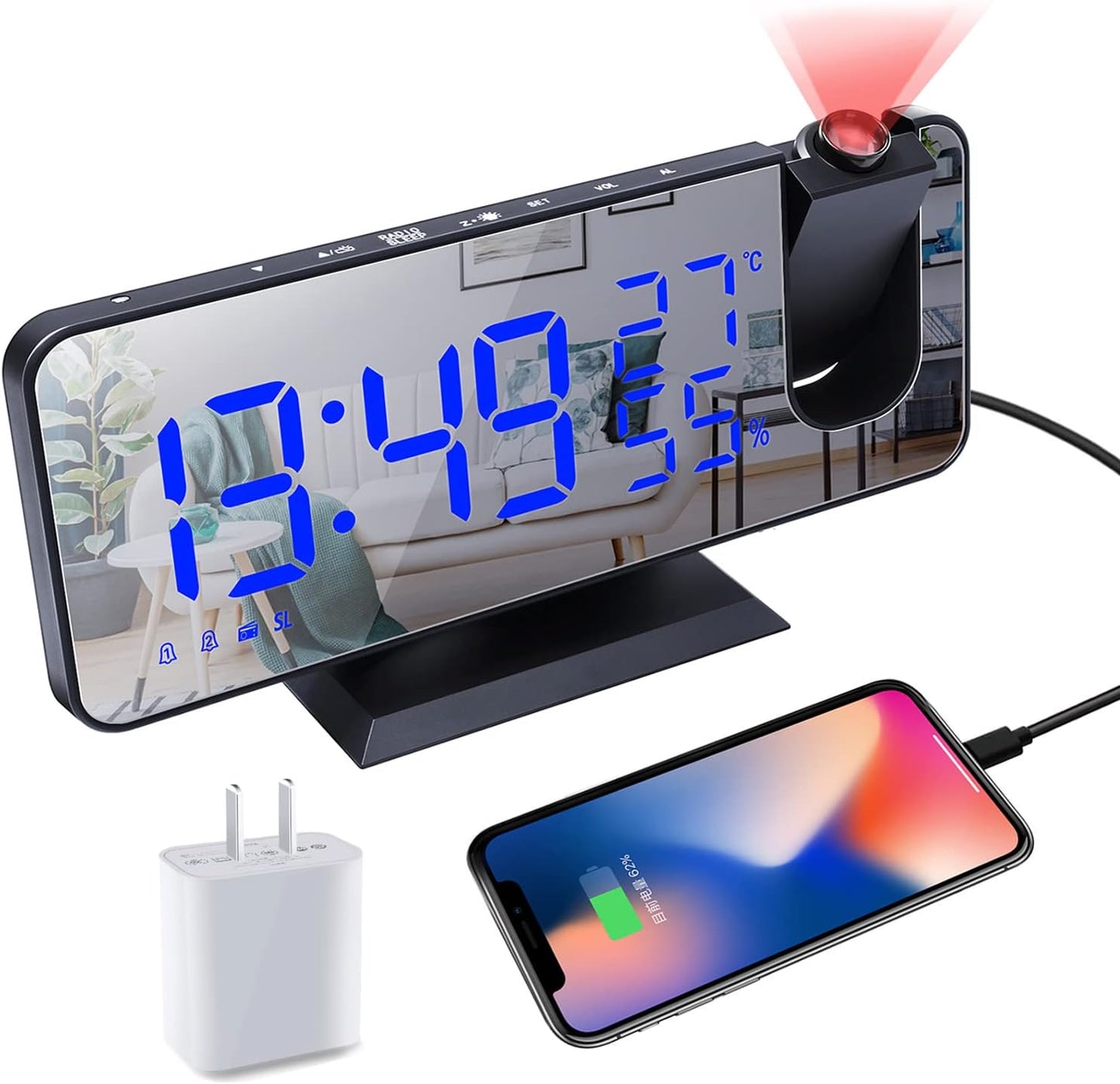 Hanaix Projection Alarm Clock: Ceiling Display, USB Charger, Large LED, Dual Loud, 4 Dimmer