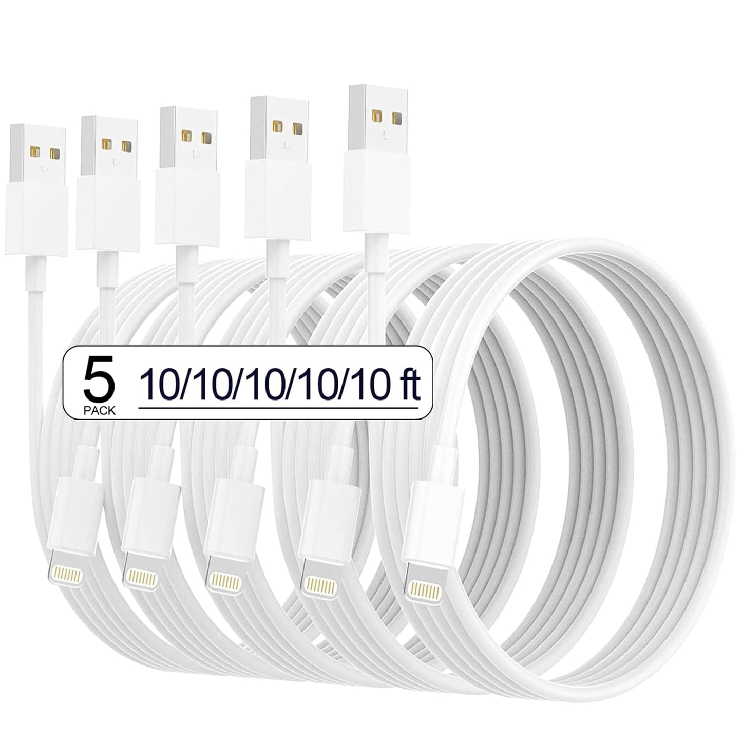 Fast Charge 10FT iPhone Lightning Cable 5-Pack - MFi Certified