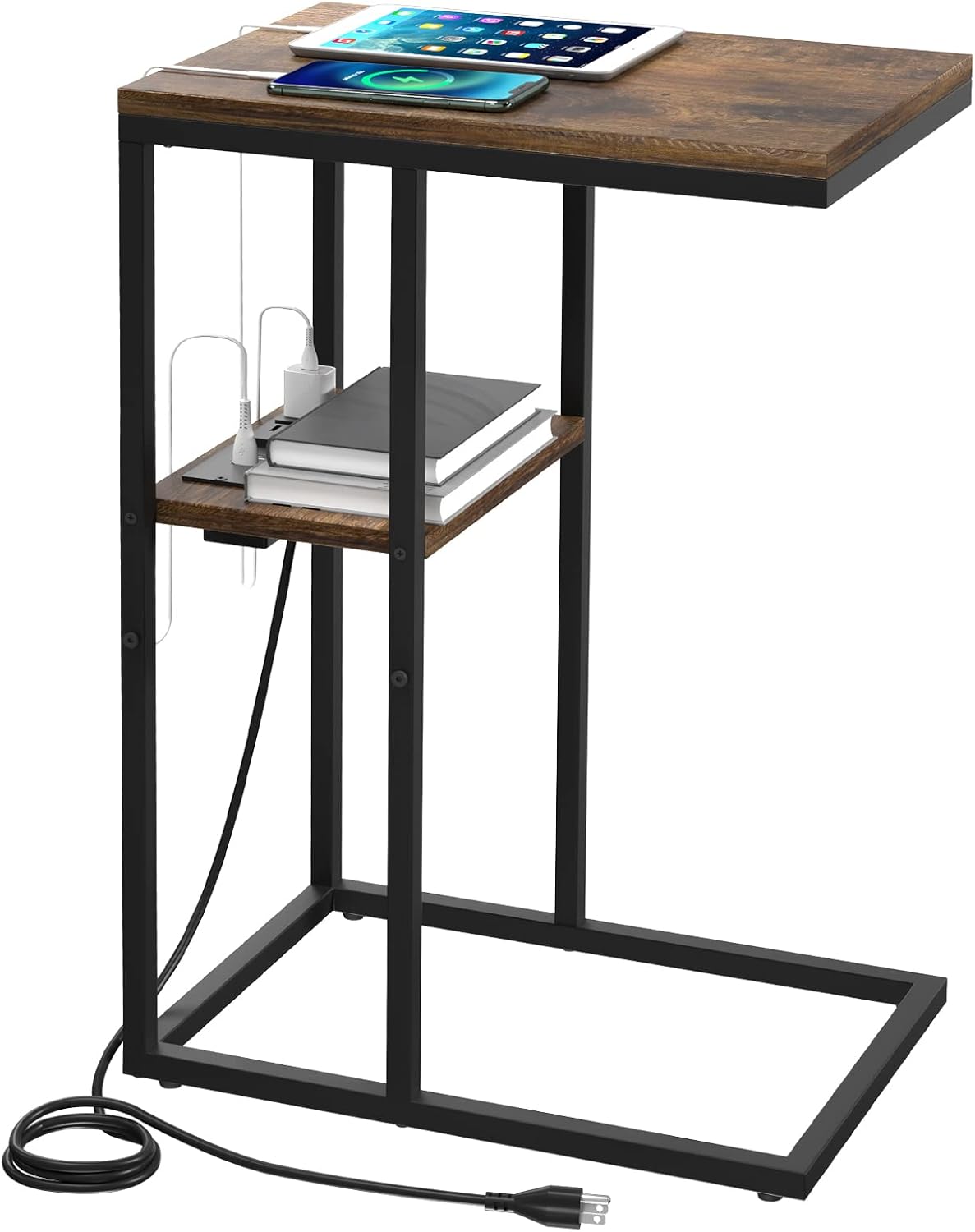C Shaped End Table with Charging Station for Small Spaces