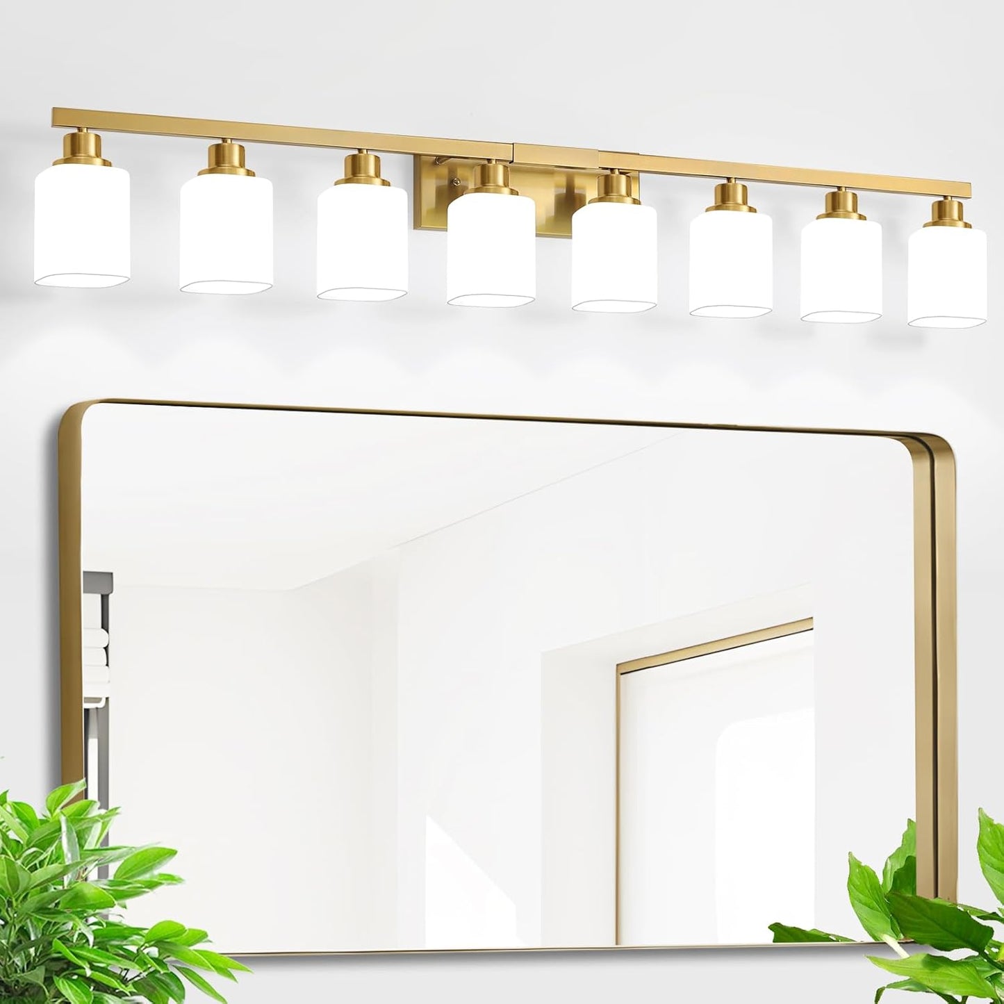 8-Light Brushed Gold Bathroom Vanity Light with Frosted Glass