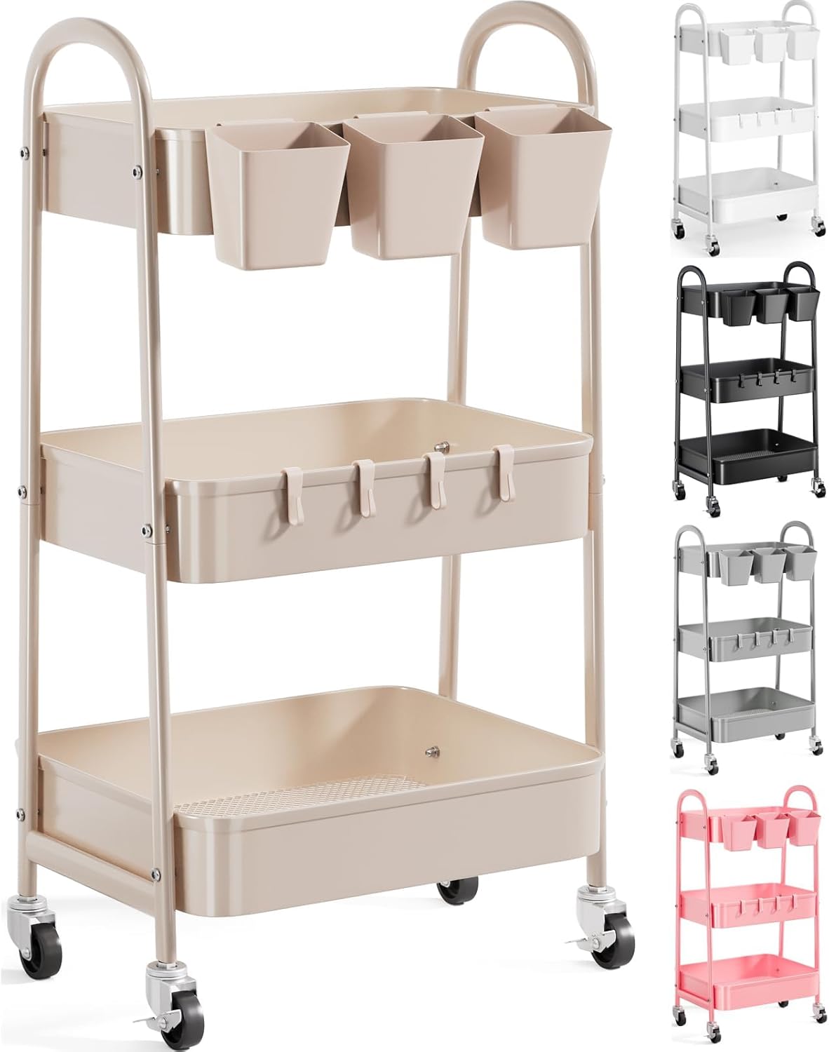 3 Tier Khaki Metal Utility Rolling Cart for Home and Office