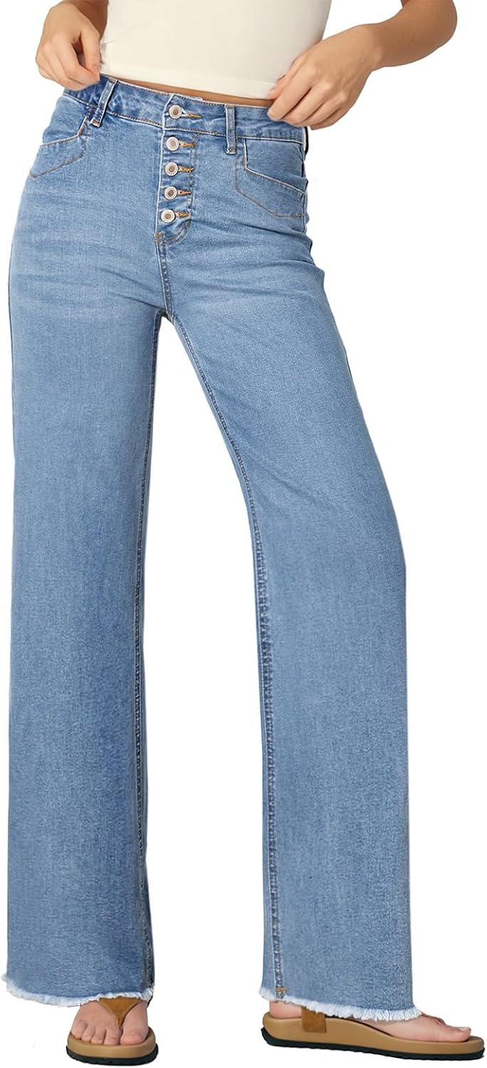 High Waisted Straight Leg Jeans for Women with Raw Hem Style