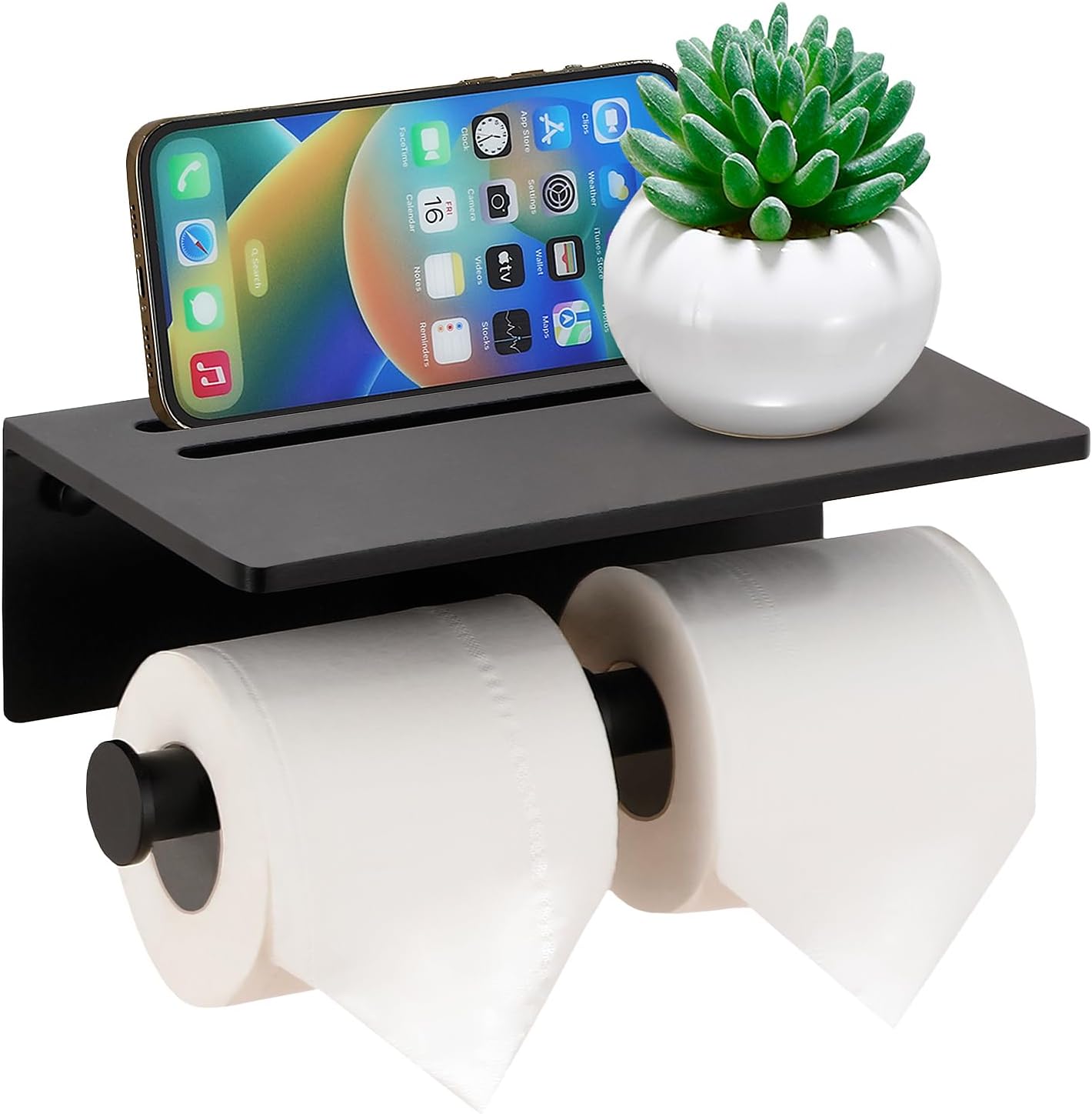 Aluminium Double Roll Toilet Paper Holder with Mobile Phone Shelf