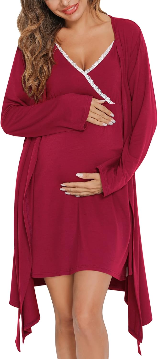 SWOMOG Womens Maternity Robe 2 Piece Nursing Nightgown Set