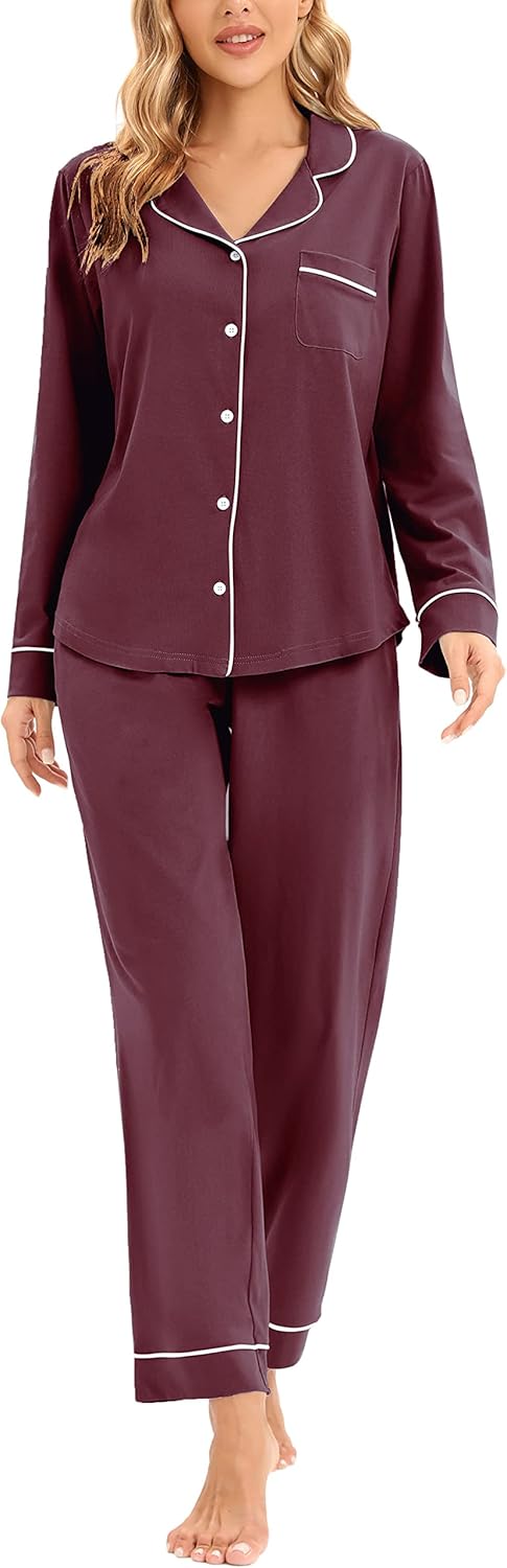 LUBOT 100% Cotton Pajamas for Women Soft Button-Down Set