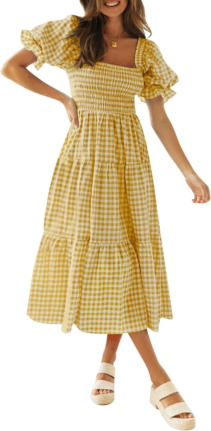 ZESICA Women's Bohemian Summer Midi Dress with Puff Sleeves