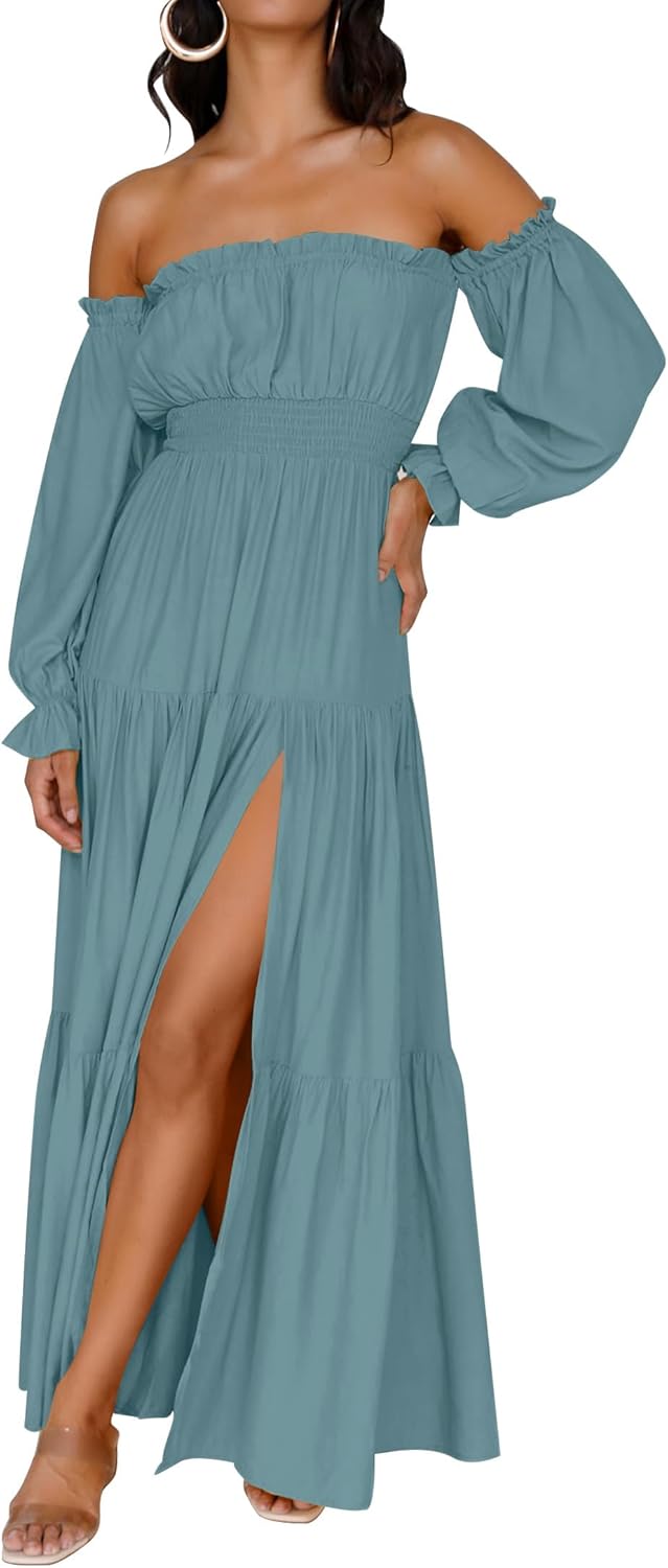 ZESICA Women's Boho Off Shoulder Long Sleeve Maxi Dress