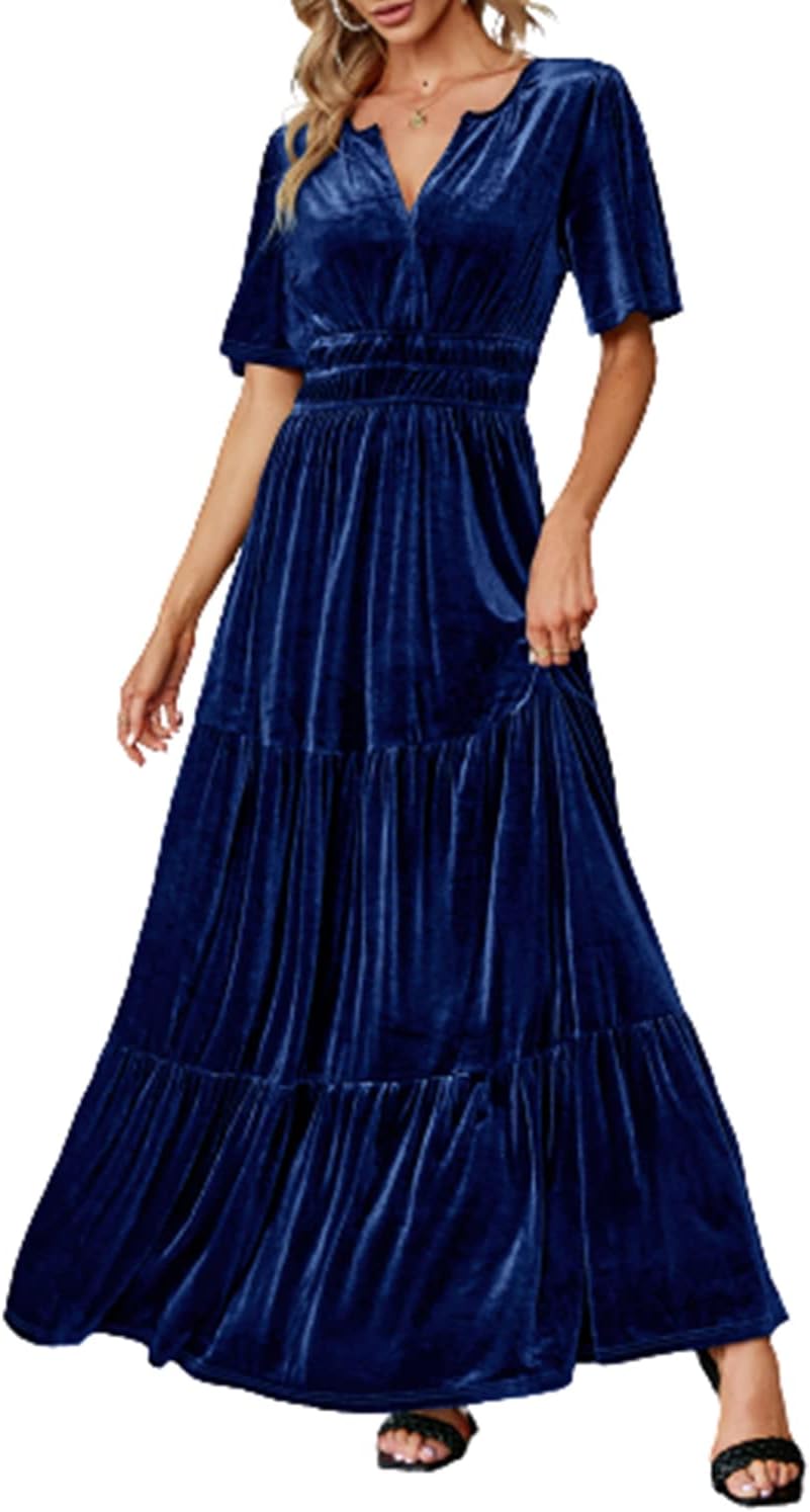 Elegant Women's Velvet V Neck Maxi Dress for Formal Events