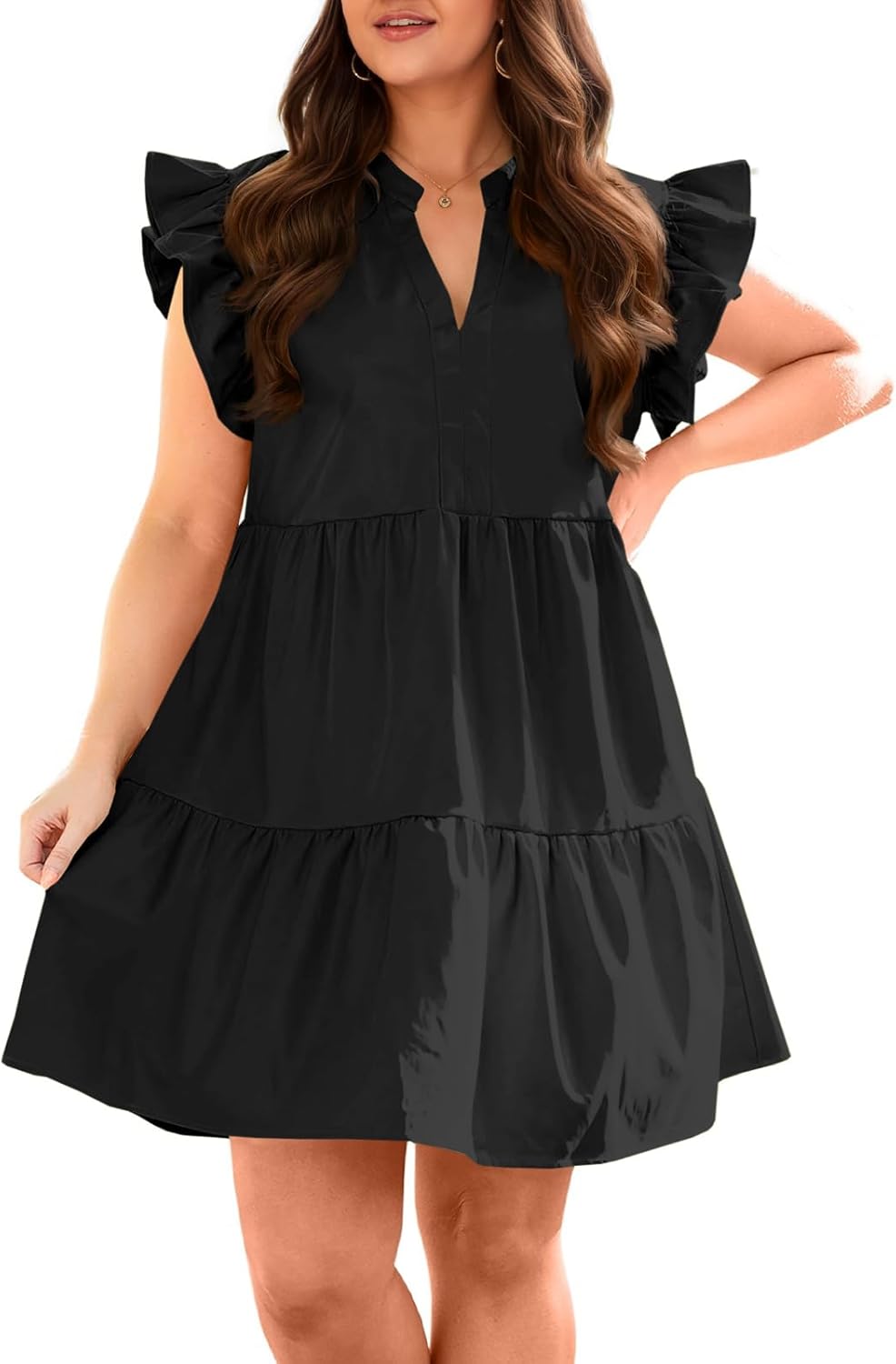 Plus Size Summer Ruffle Short Sleeve V Neck Mini Dress
