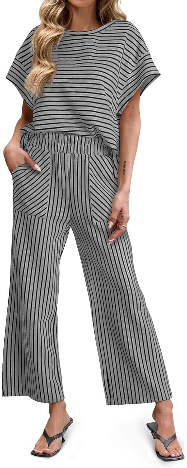 Stylish Womens Striped 2 Piece Set with Pockets for Comfort