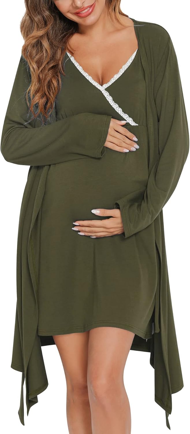 SWOMOG Womens Maternity Robe 2 Piece Nursing Nightgown Set