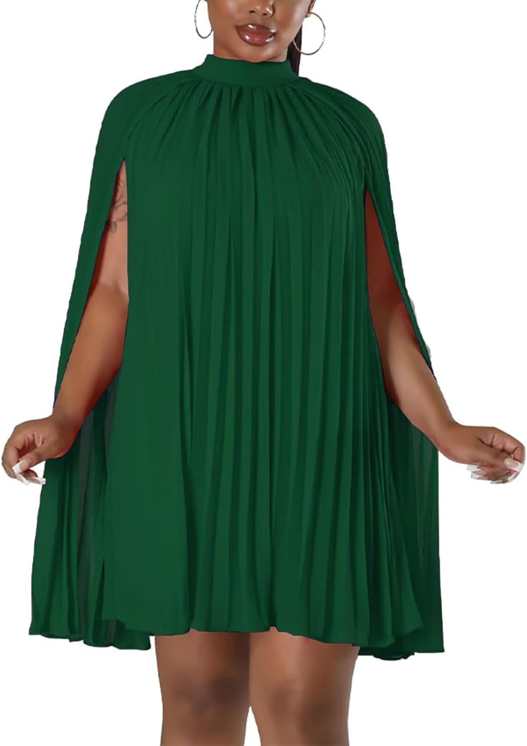 Womens Casual Cape Sleeve Pleated Split Short Dress for Parties