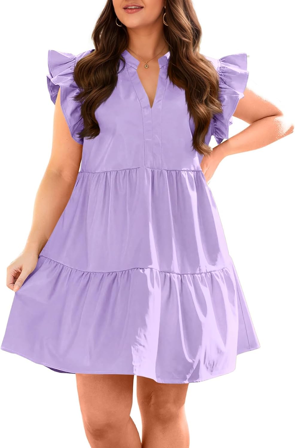Plus Size Summer Ruffle Short Sleeve V Neck Mini Dress