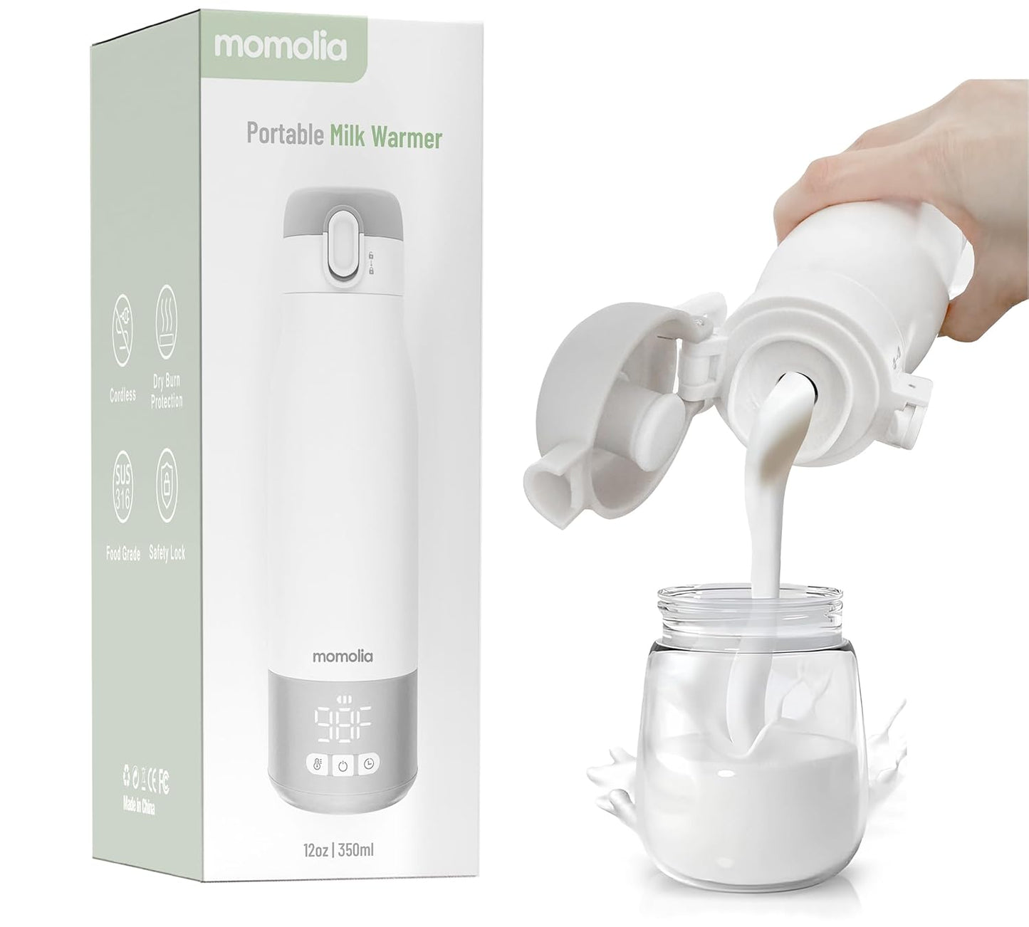 Wireless Milk Warmer On-The-Go, Large 12 oz. Capacity, LED Temp Control - MOMOLIA