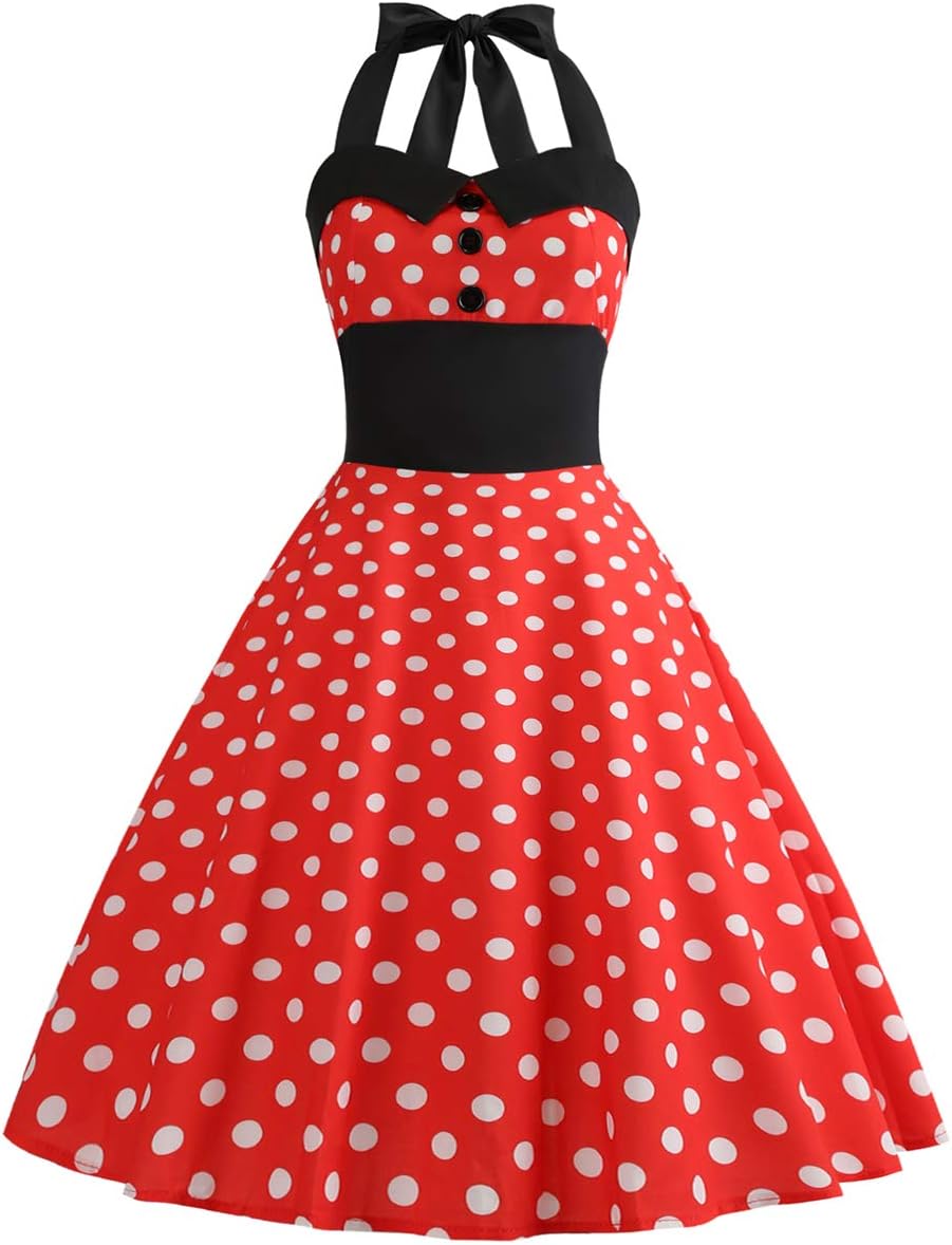 Vintage 1950s Polka Dot Halter Cocktail Swing Dress for Women