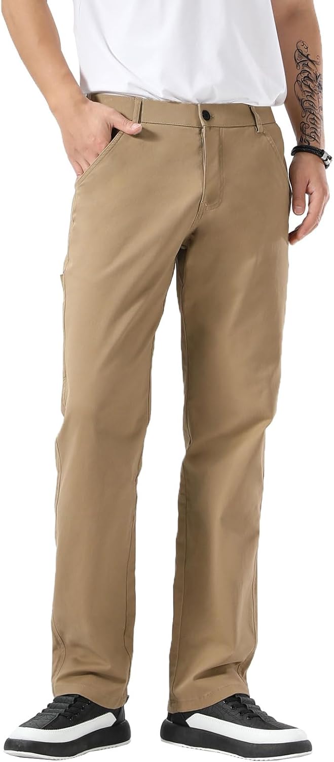Plaid&Plain Men's Stretchy Khaki Pants with Elastic Waistband