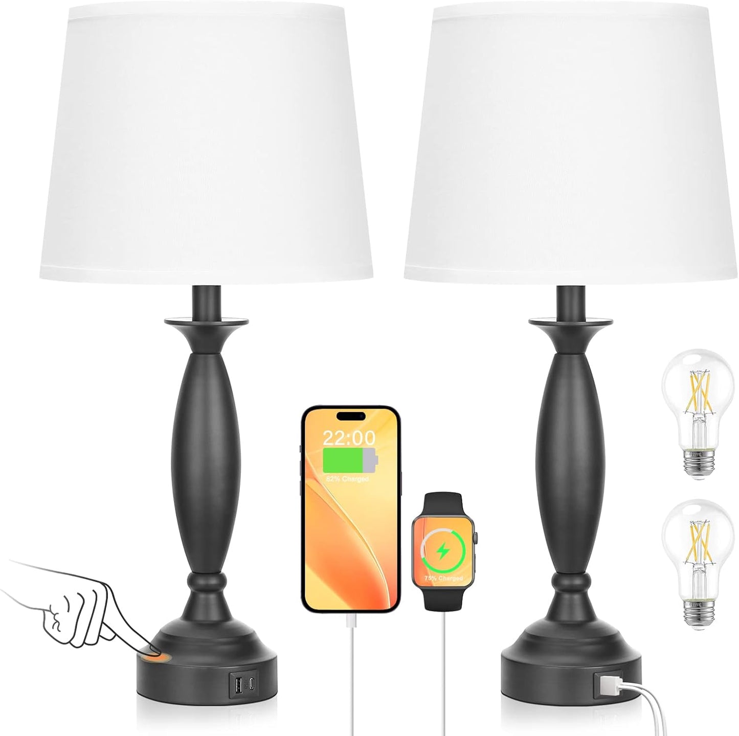 Touch Control Bedside Lamp Set of 2 with USB Ports for Bedrooms
