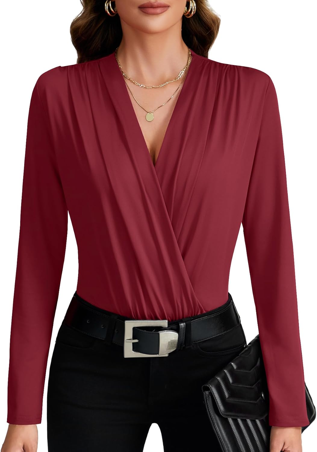 LYANER Women's Wraped V Neck Ruched Long Sleeve Bodysuit Top