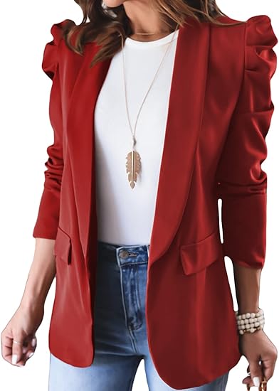 Happy Sailed Womens Blazer Open Front Puff Sleeve Work Suit