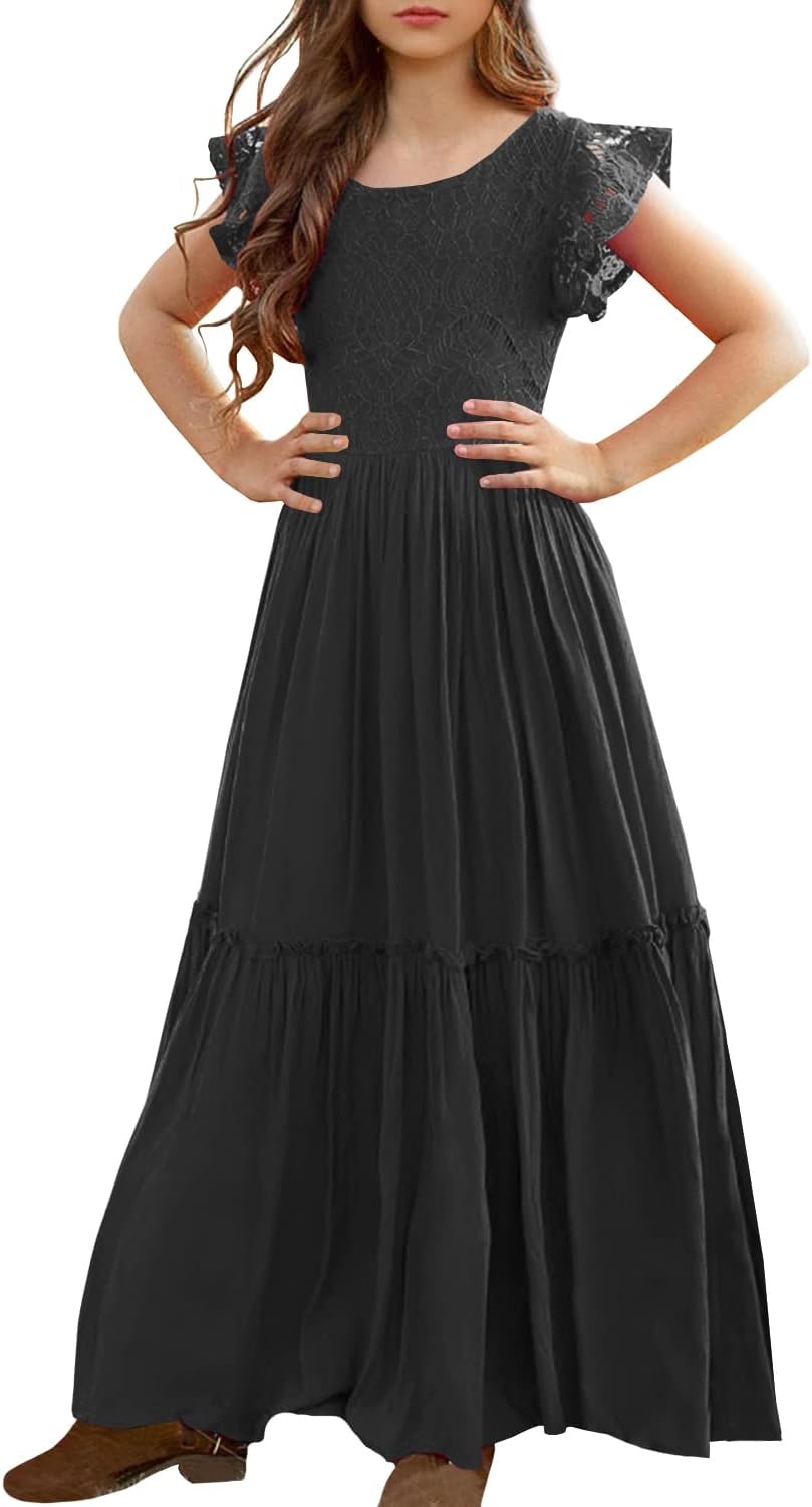 Elegant Girls Lace Flower Ruffle Sleeve A-Line Maxi Dress