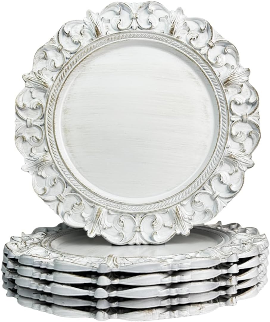 Set of 6 Antique White Charger Plates, 13 Inch, Perfect for Parties!
