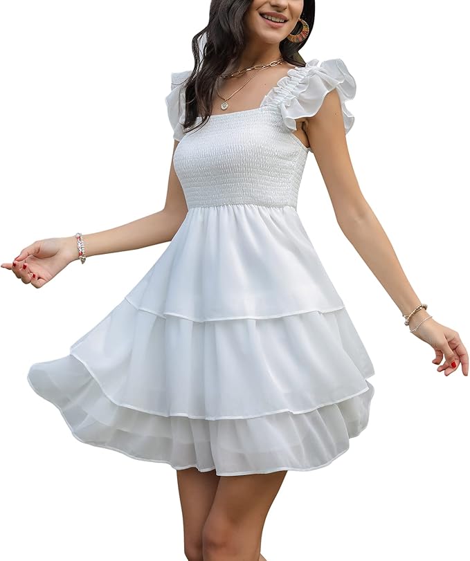 Byinns Womens Square Neck Sleeveless Ruffle Dress for Summer