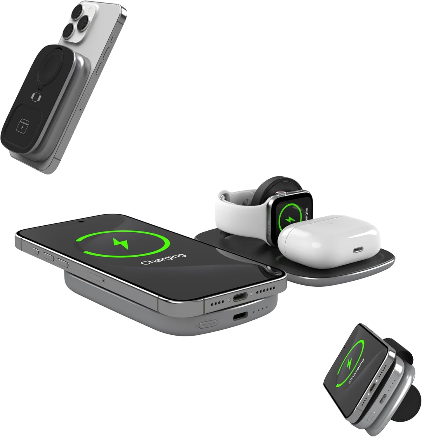 Portable 3-in-1 Charger: 15W Qi Wireless & Power Bank
