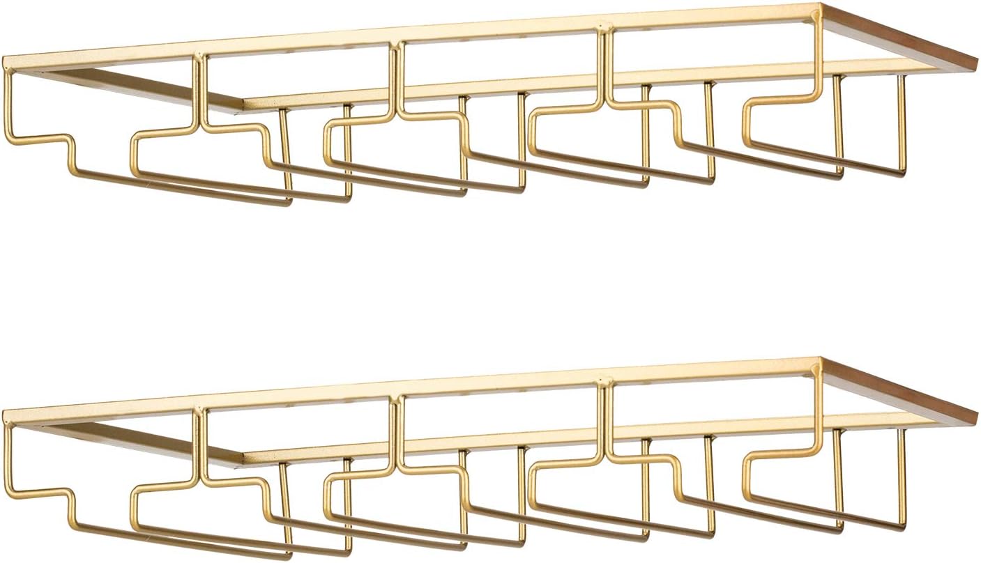 Under Cabinet Wine Glass Rack for Stemware Storage - Gold 2 Pack