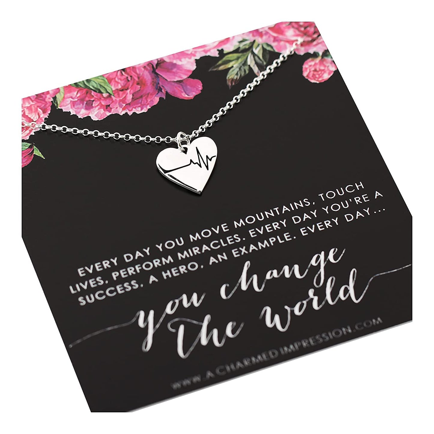 Everyday You Change the World Silver EKG Heart Charm Necklace