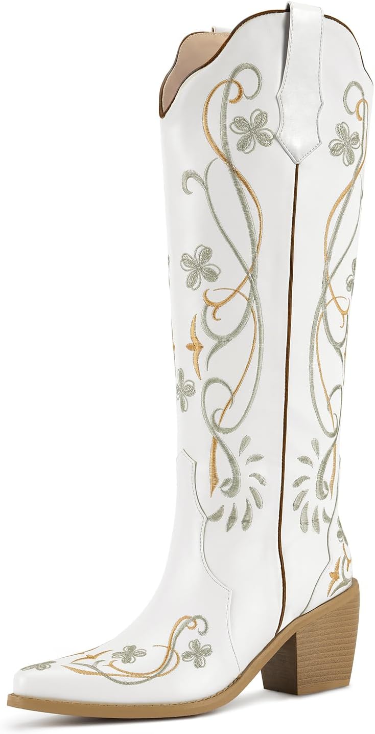 Stylish Knee High Cowboy Boots for Women with Floral Embroidery