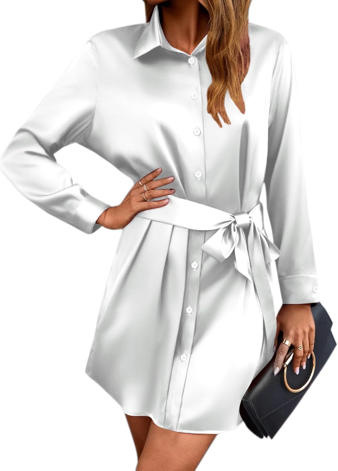 Stylish Women's Satin Long Sleeve Dress with Belt for All Occasions