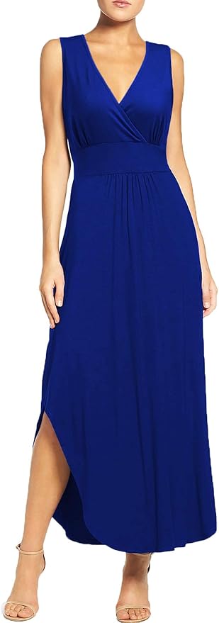WOOSEA Women Sleeveless Deep V Neck Pocket Long Maxi Dress
