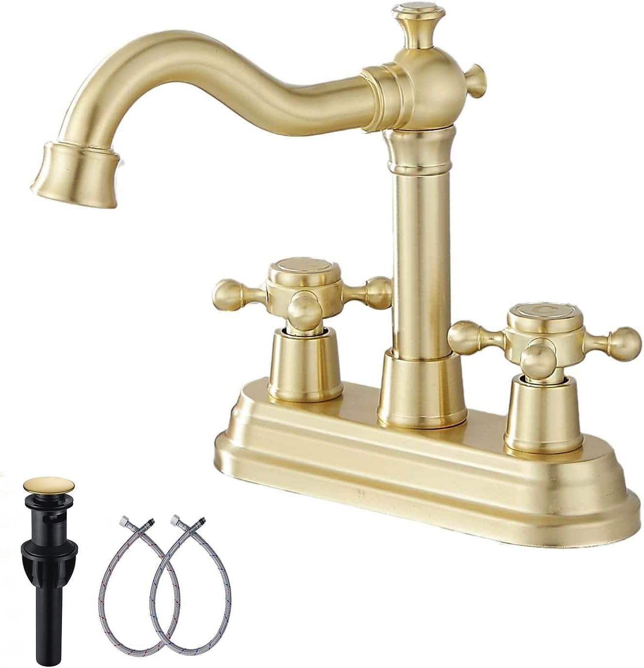 Bathroom Faucet Brushed Gold with 2 Handles and Drain Assembly