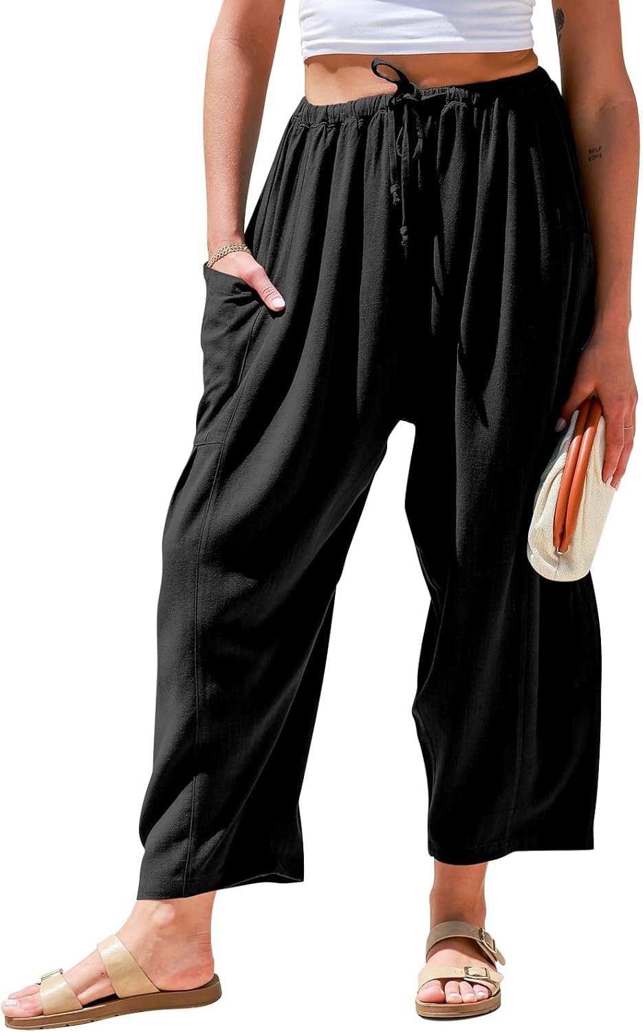 Womens Linen Wide Leg Pants for Casual Summer Beach Travel