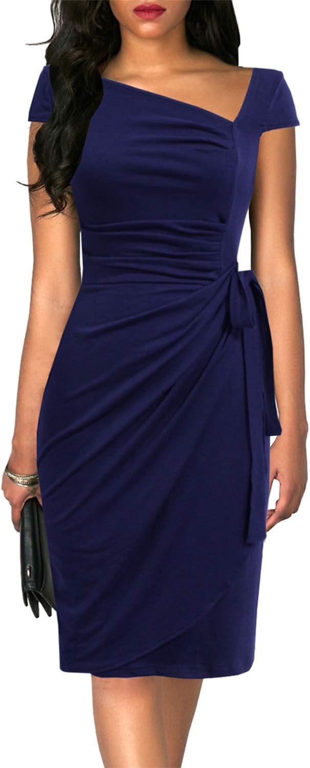 Women's Vintage Cap Sleeve Asymmetrical Neckline Bodycon Dress