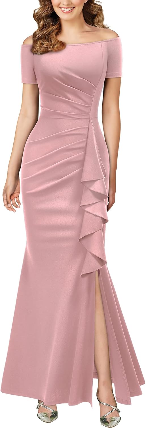 Elegant Off Shoulder Ruffle Formal Evening Long Dress for Women