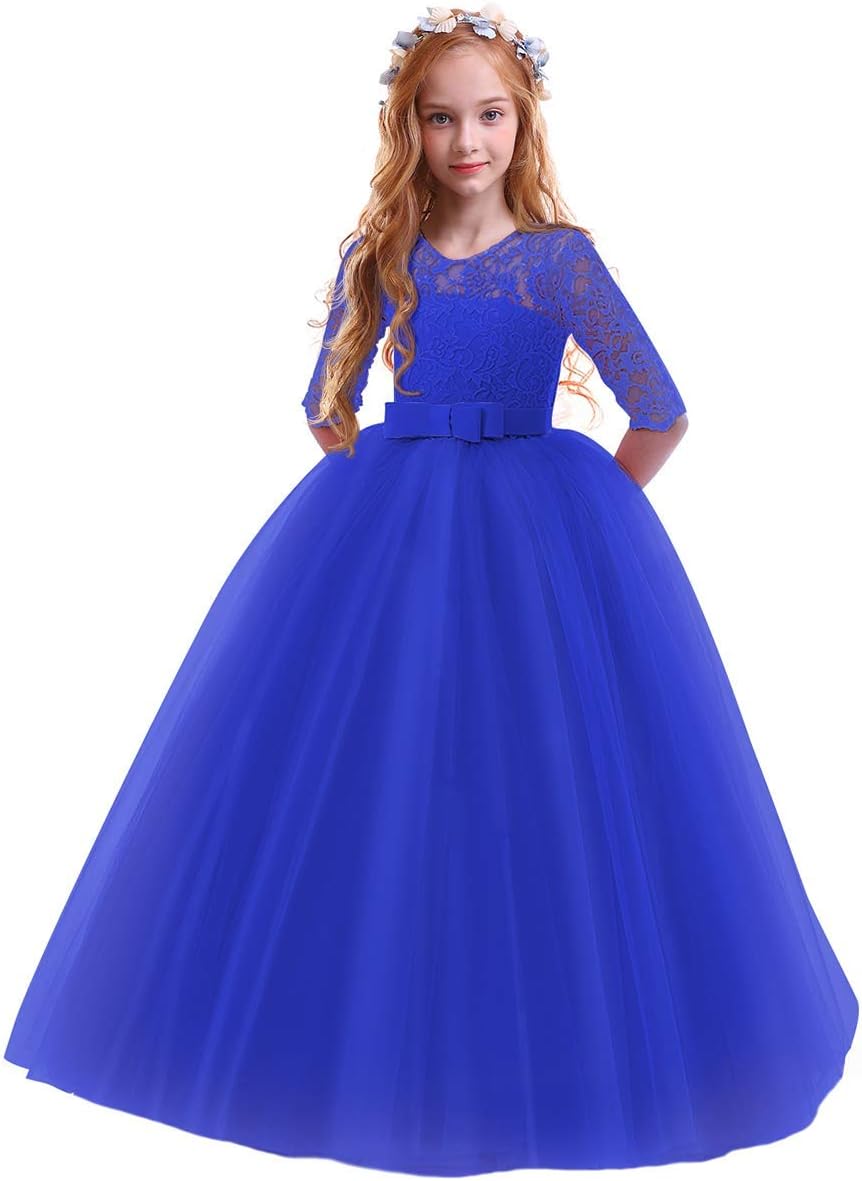 Girls Flower Vintage Floral Lace 3/4 Sleeves Floor Length Dress