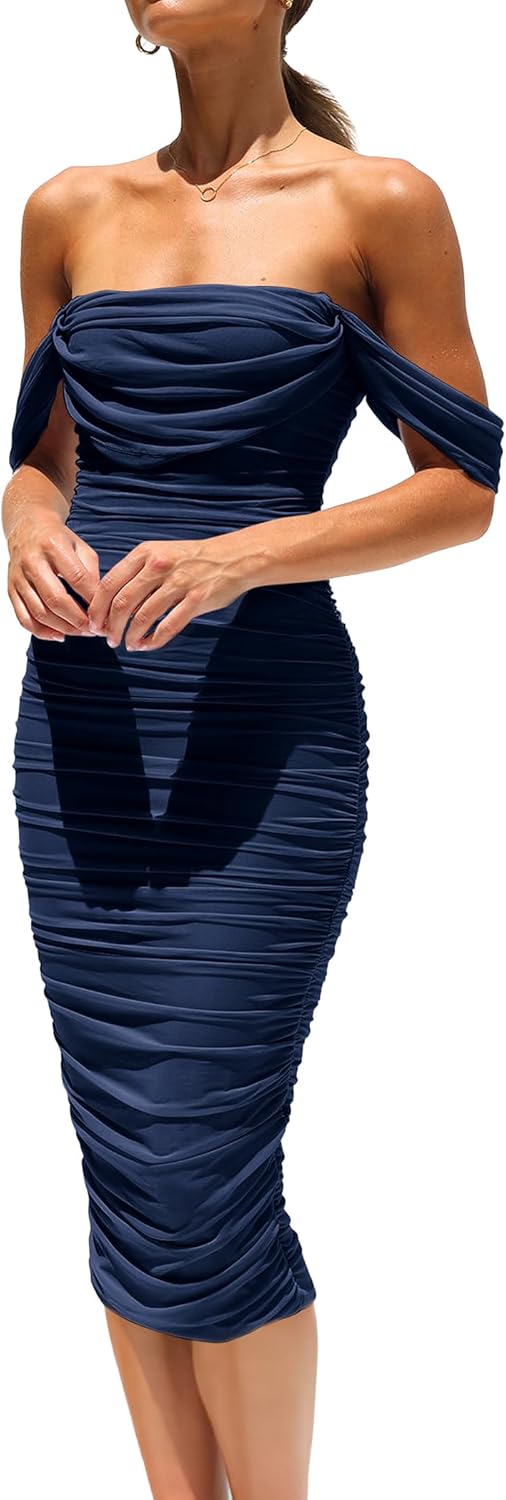 Elegant Off Shoulder Midi Dress for Wedding Guests and Parties