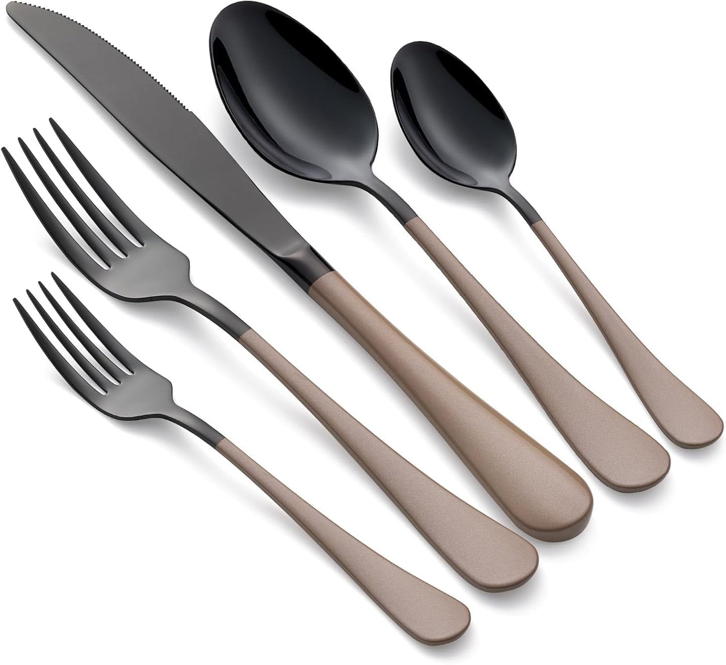 20-Piece Black Silverware Set with Brown Handles for Dining