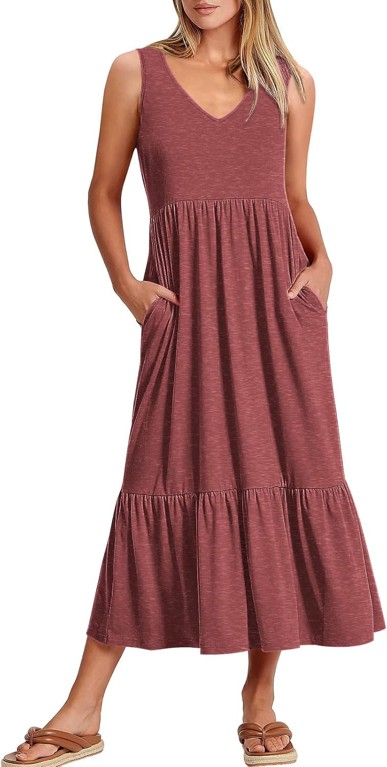 Womens Summer Maxi Dresses Fit & Flare Flowy V Neck Sleeveless