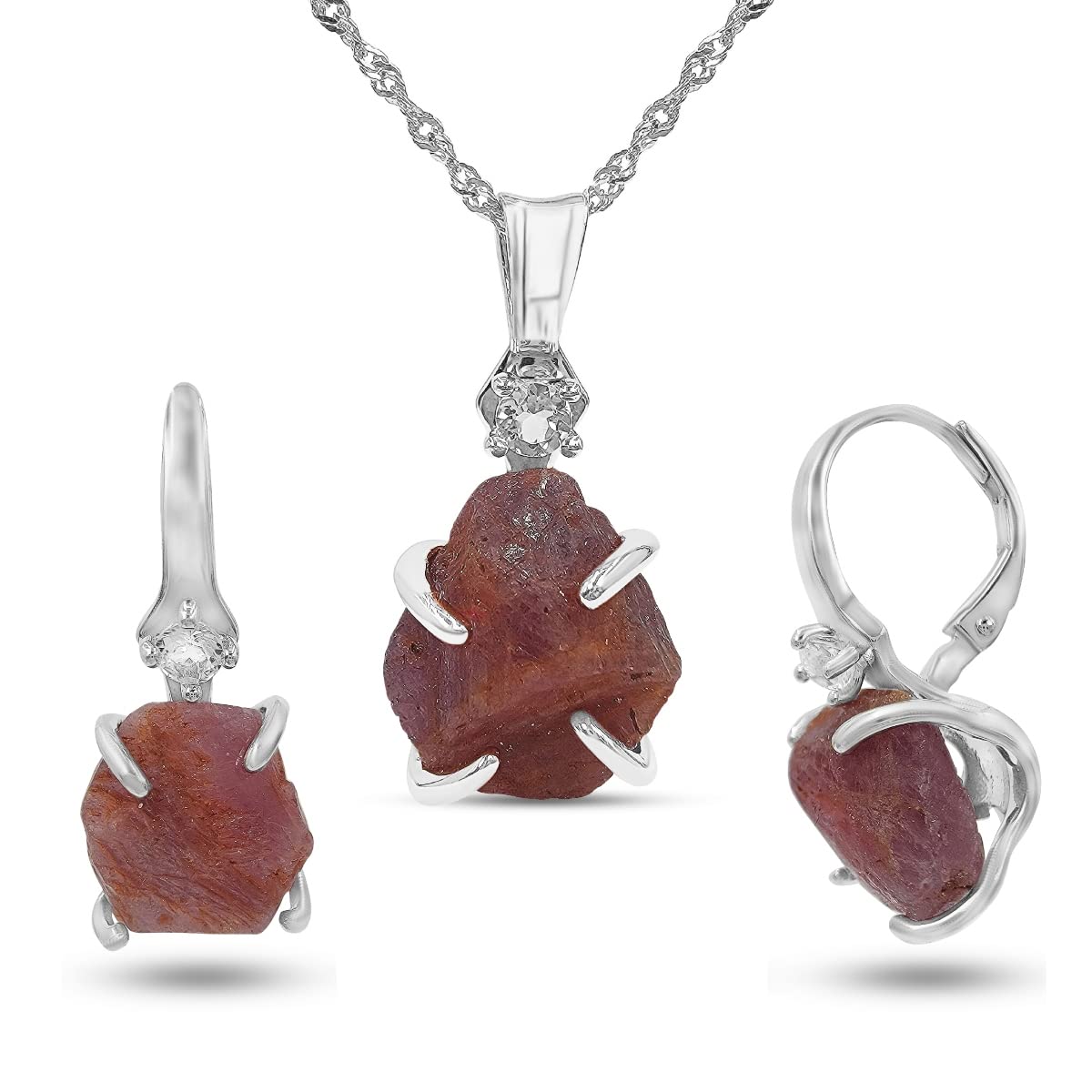 Real Raw Ruby Drop Earrings and Necklace Set for July Birthstone