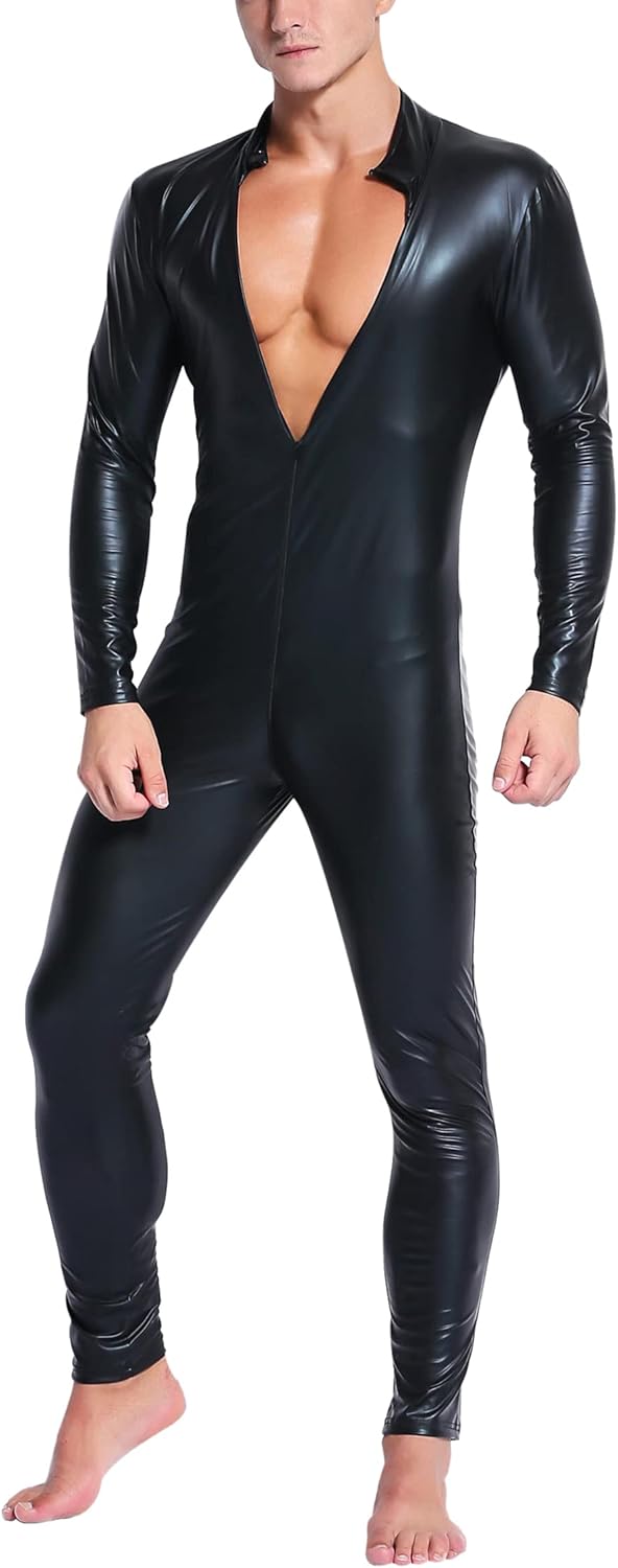 Panegy Men's Sexy Bodysuit Wet Look Latex Zipper Catsuit