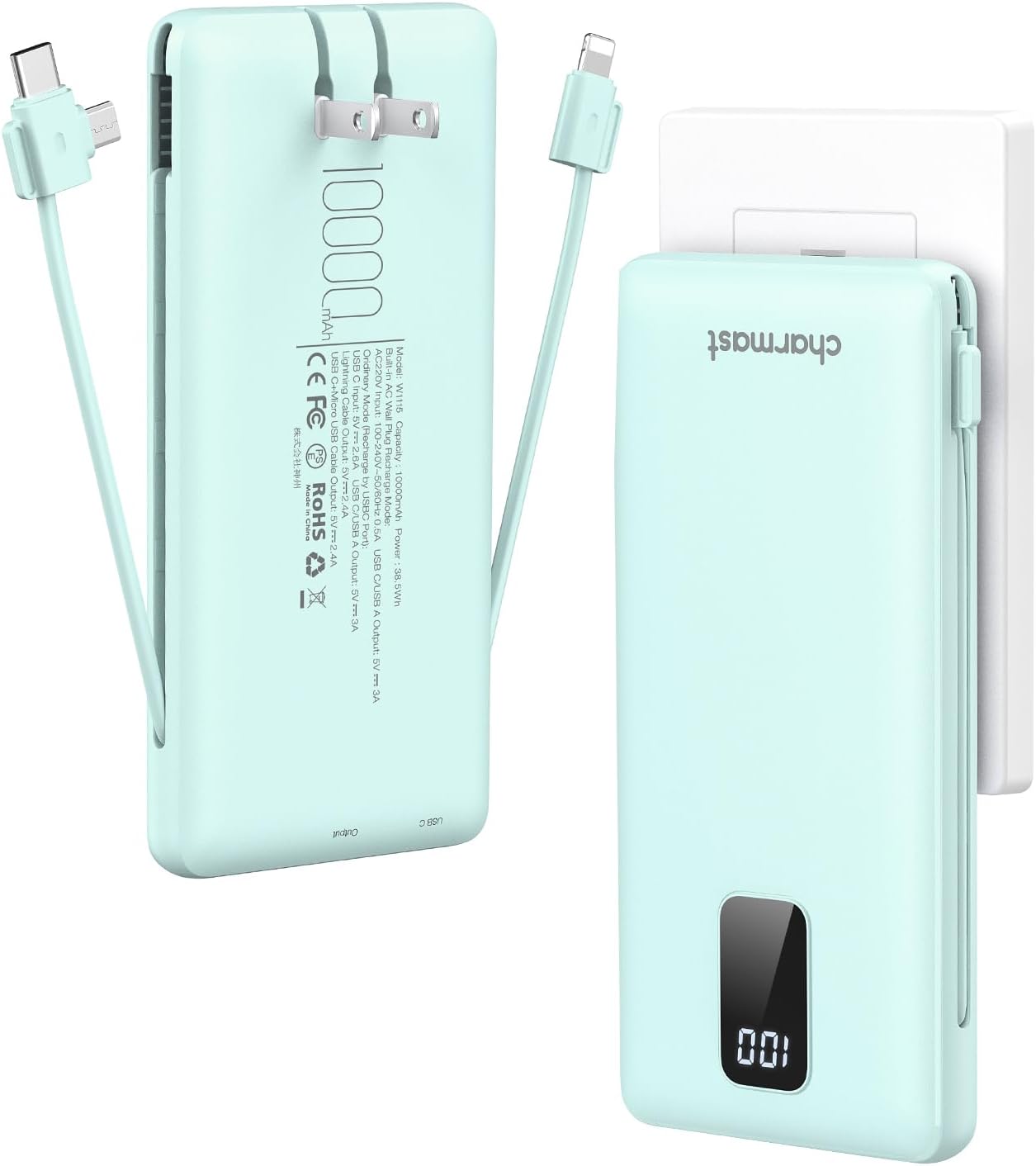 Charmast Portable Charger with Built-in Cables, 10000mAh
