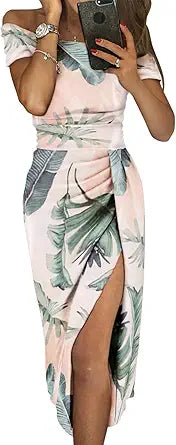Sidefeel Womens Casual Off The Shoulder Floral Print Dress