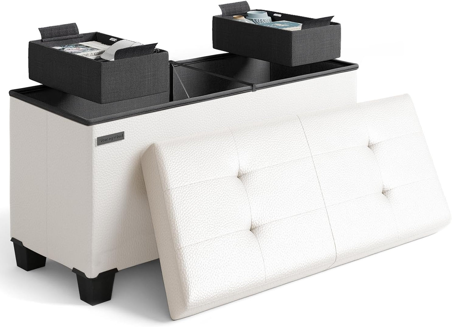 Storage Ottoman Bench with Bins for Bedroom and Living Room