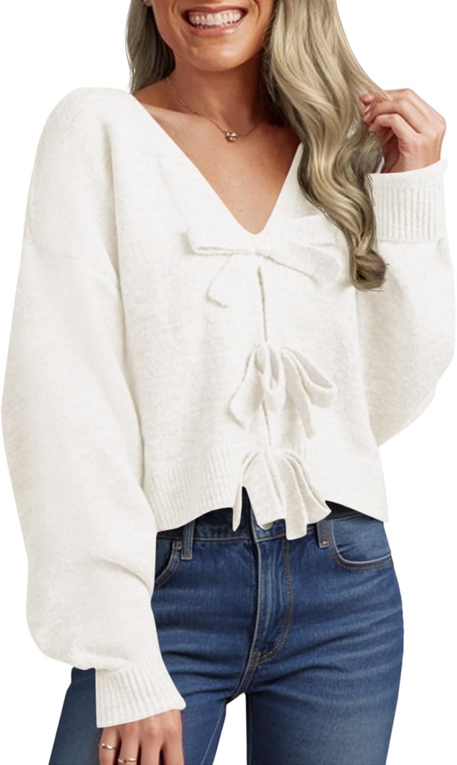 Saodimallsu Womens Bow Sweater Cozy Knit Long Sleeve Pullover